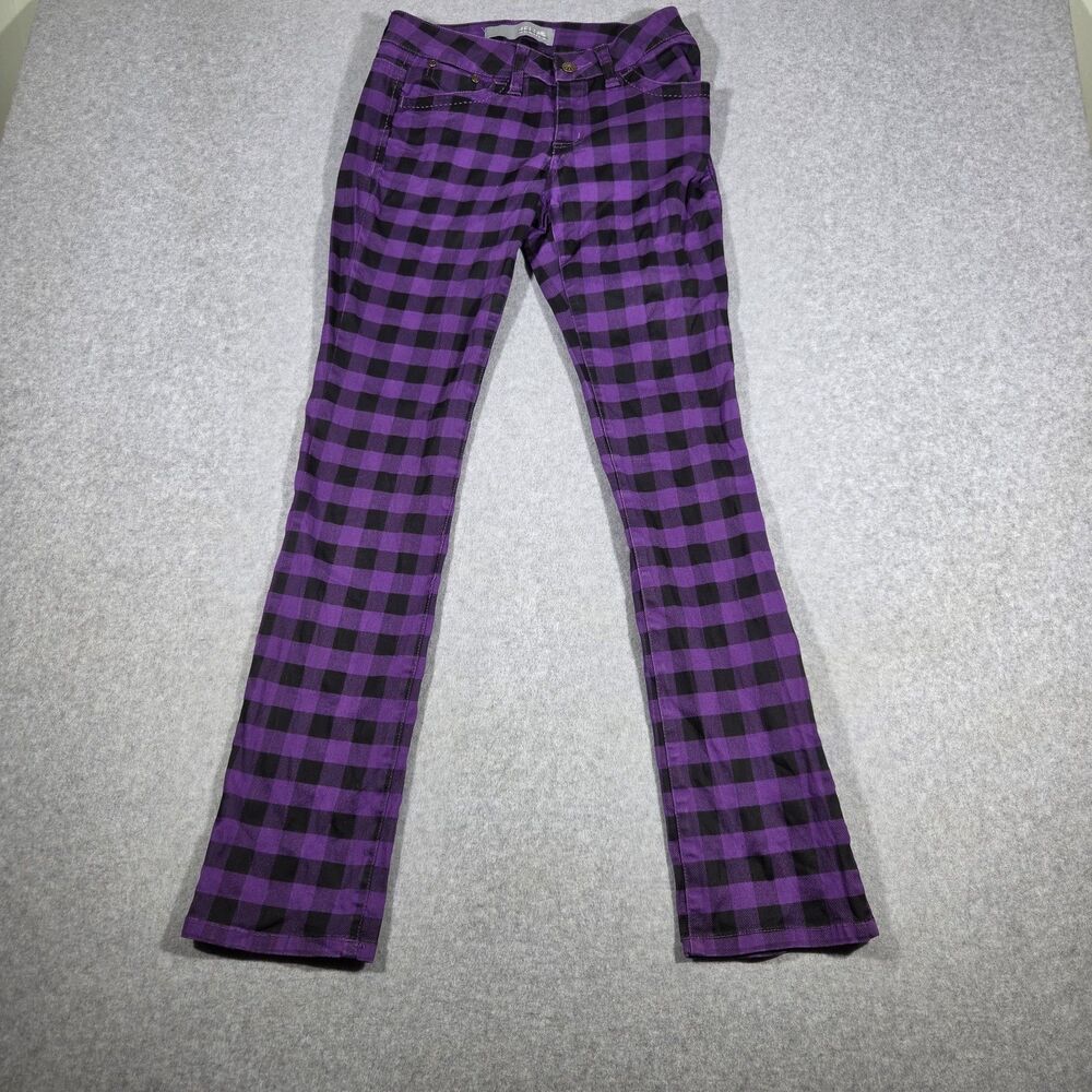 Vintage Y2K dELiA*s Purple Black Plaid Low Rise Bootcut Jeans Size 3 Punk Goth